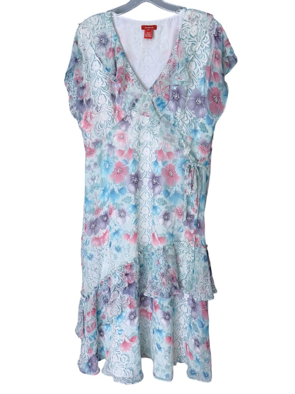 Sundance Silk Floral Ruffle Faux-Wrap Midi Dress Women’s 14 Cottagecore Romantic